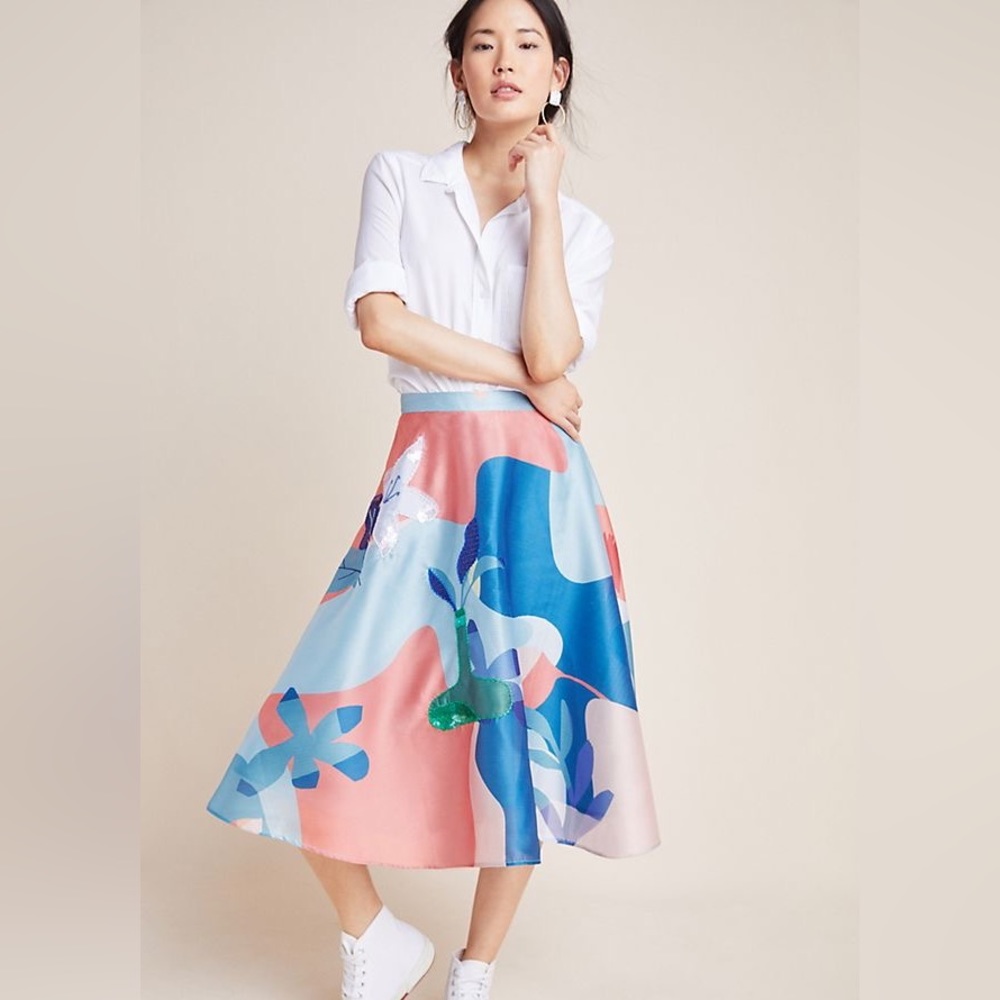 Pankaj & Nidhi floral skirt size 2 euc Anthropologie sequin full skirt baby blue